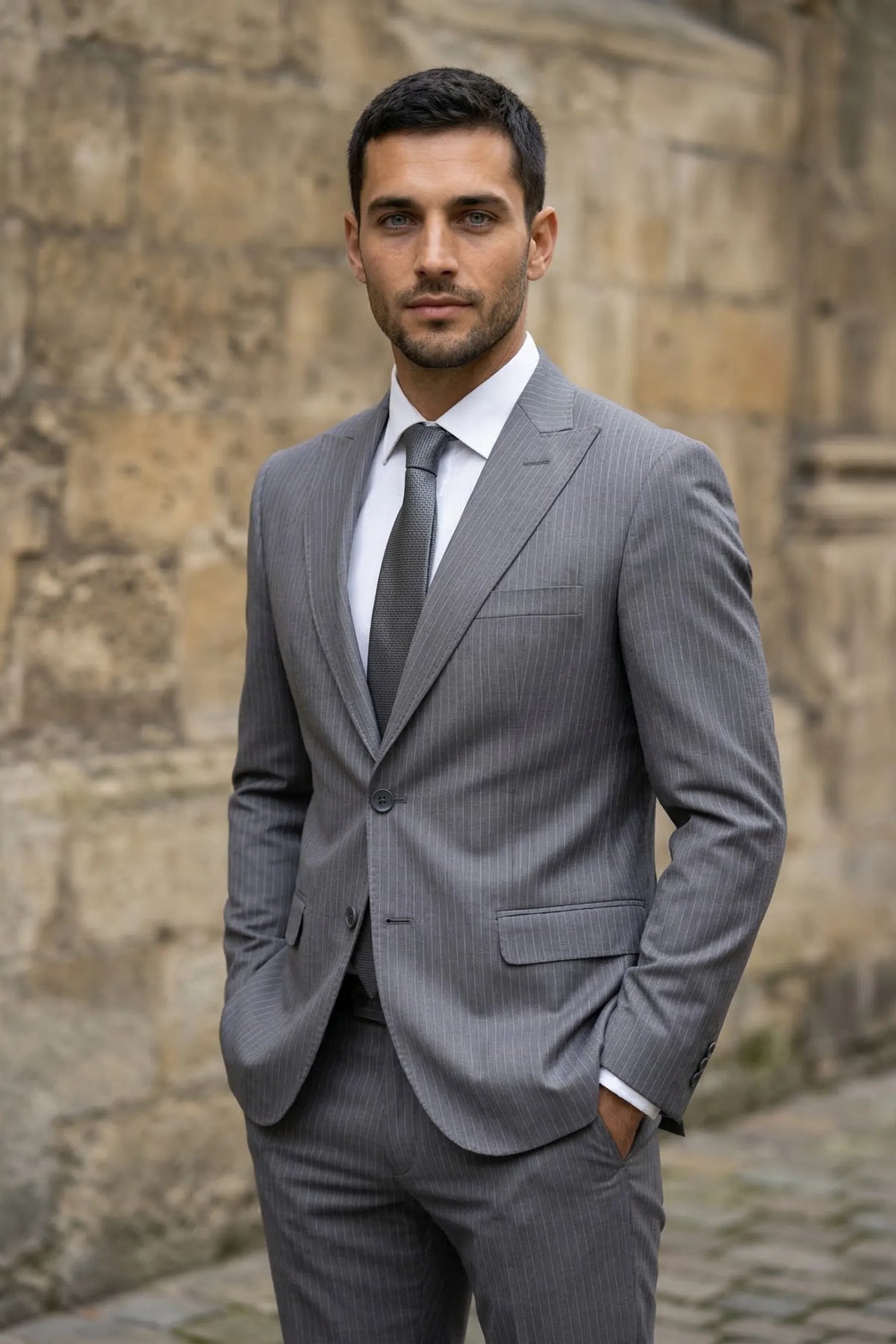 Terno Slim Masculino Cinza Risca de Giz em Poliviscose