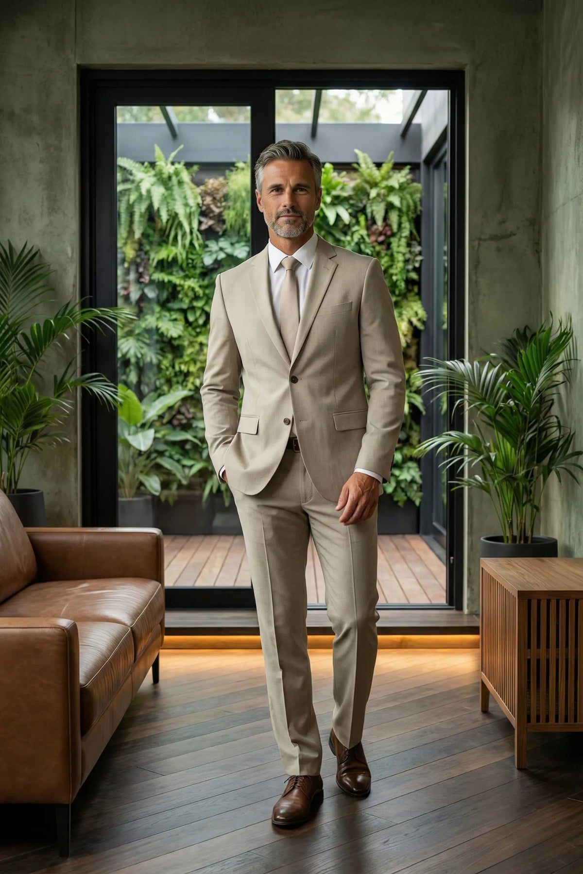 Terno Masculino Poliéster Semi Slim Areia Mesclado