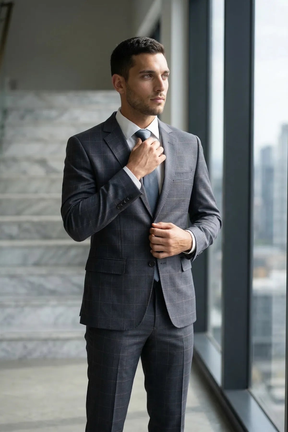 Terno Masculino Poliviscose Semi Slim Cinza Xadrez