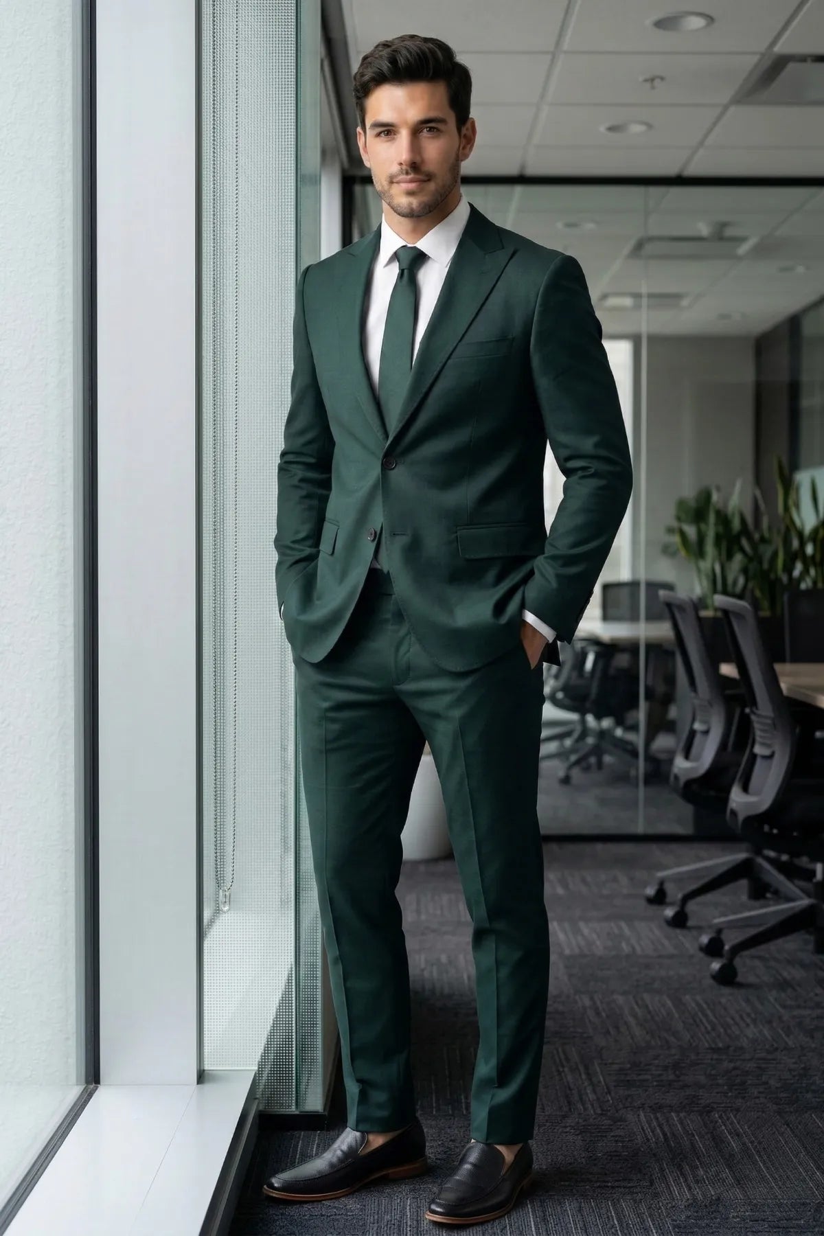 Terno Slim Masculino Verde Escuro em Poliviscose