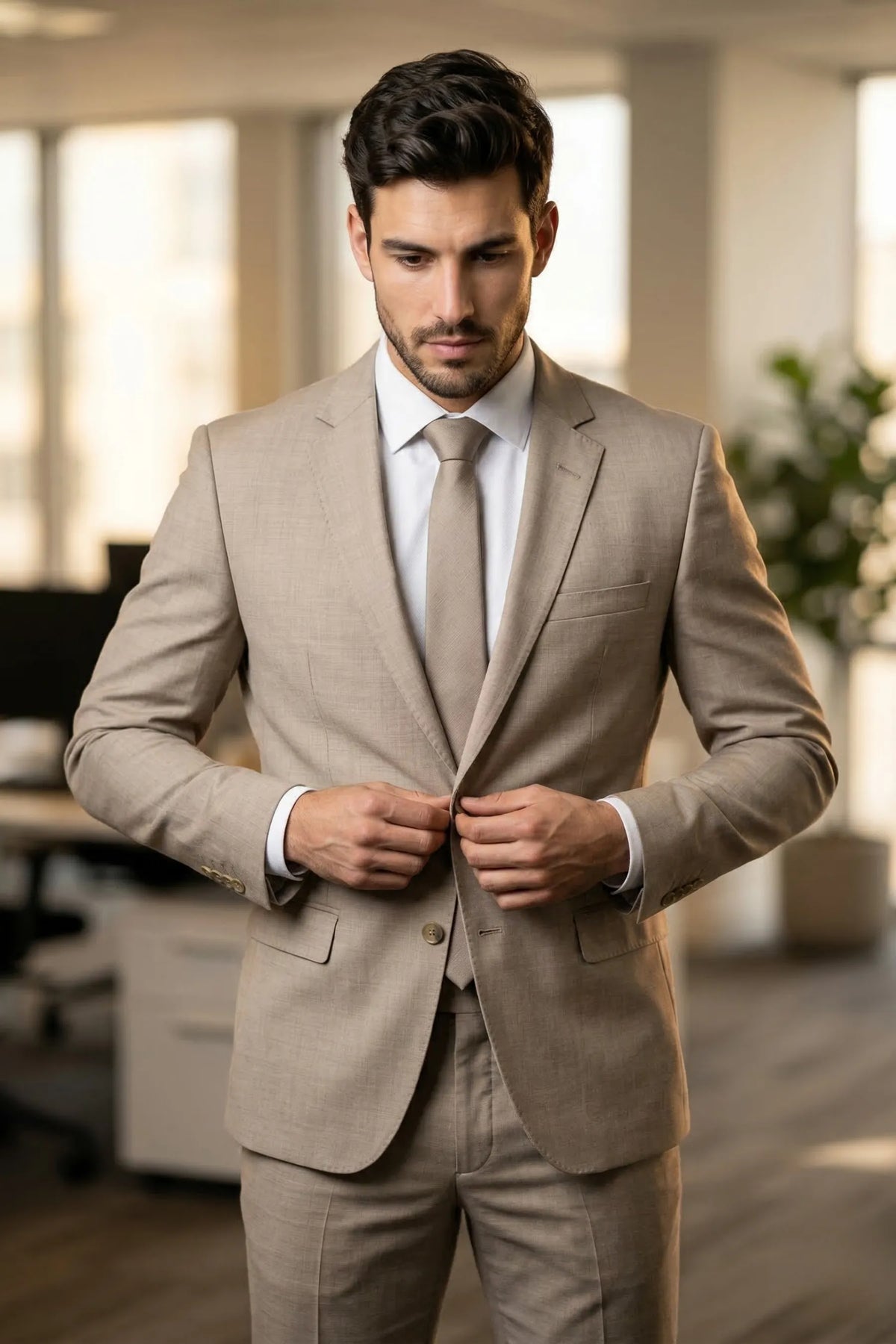 Terno Slim Masculino Bege Mesclado em Poliviscose