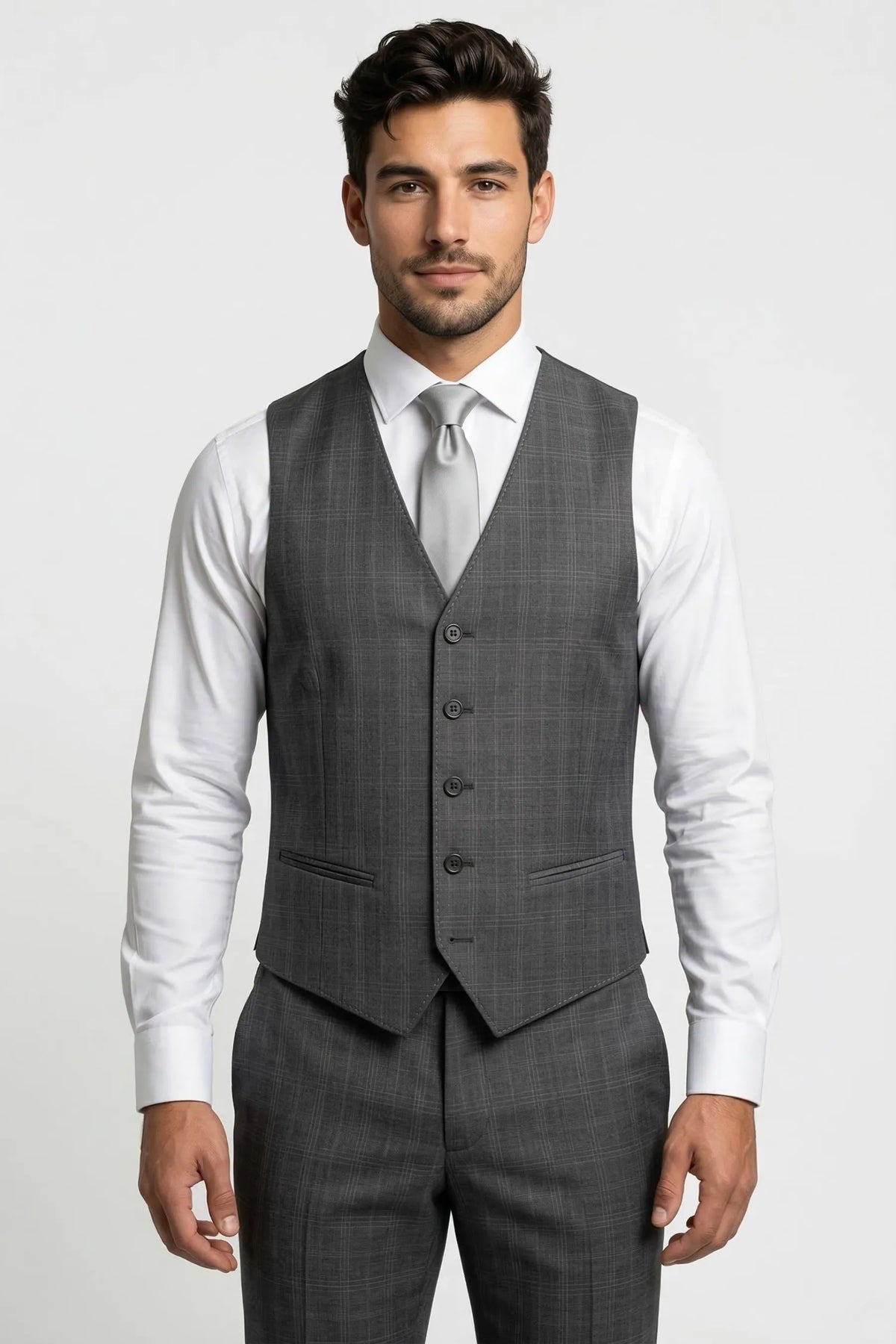 Terno Masculino Príncipe de Gales em Poliviscose Cinza Escuro