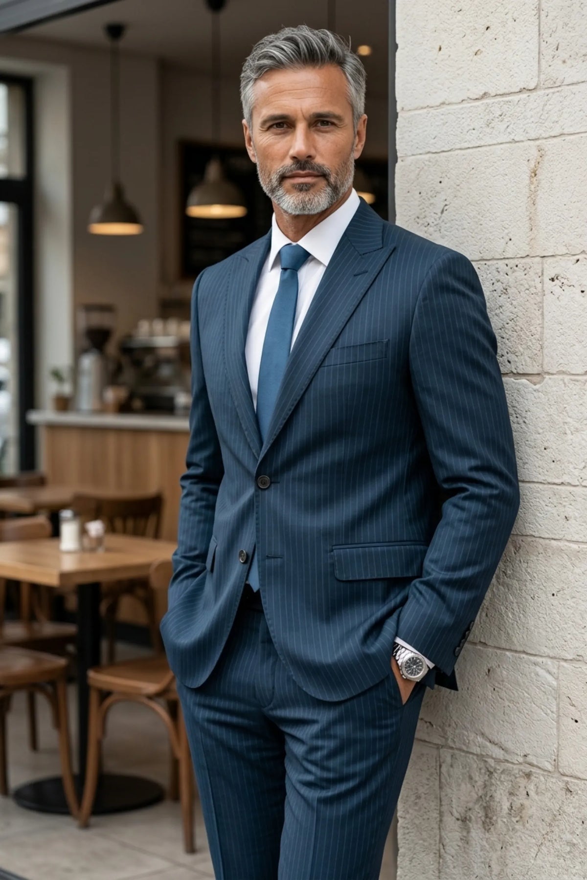 Terno Slim Masculino Azul Petróleo Risca de Giz em Poliviscose