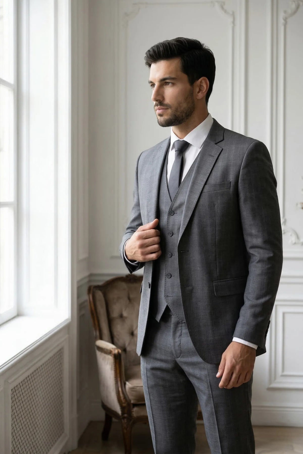 Terno Masculino Príncipe de Gales em Poliviscose Cinza Escuro