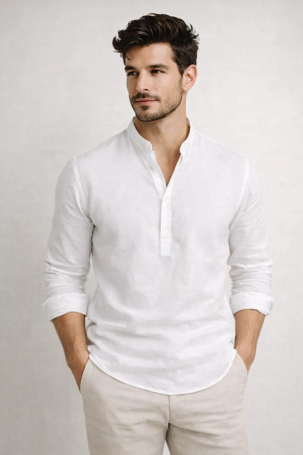 Camisa Bata Slim em Flamê com Gola Padre