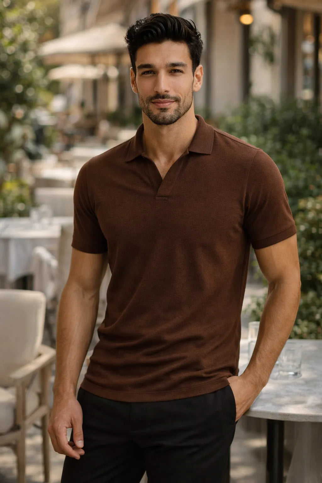 Camisa Polo Slim em Algodão com Gola V