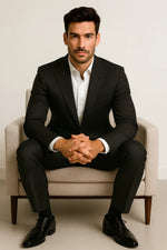 Terno Slim Masculino Preto Xadrez Lapela de Bico em Poliviscose