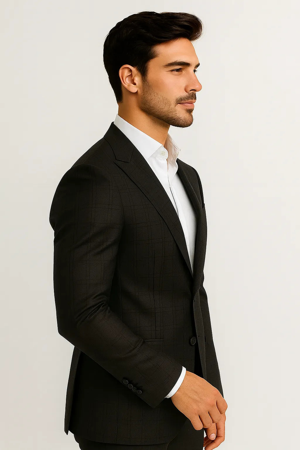 Terno Slim Masculino Preto Xadrez Lapela de Bico em Poliviscose