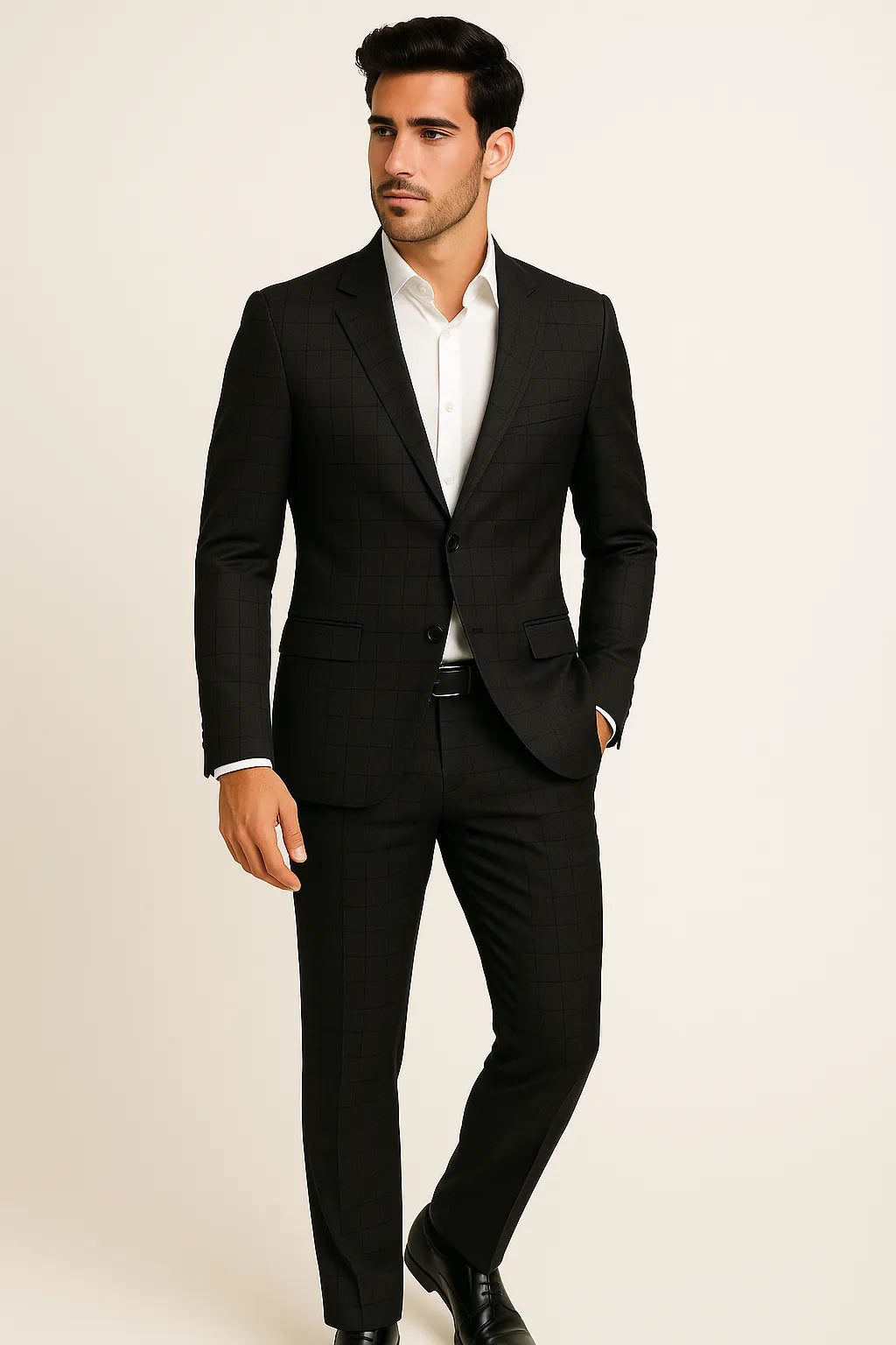 Terno Slim Masculino Preto Xadrez Lapela de Bico em Poliviscose